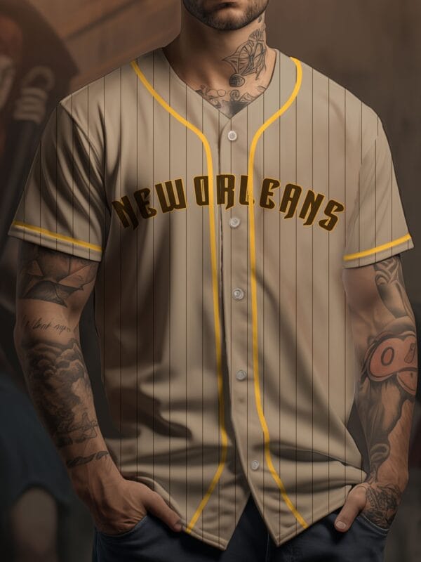 Men's Retro Baseball Jersey - Classic Striped Design, Breathable Stretch Fabric, Embroidered Buttons & New Orleans Print for Training, Games, Parties, Casual Game Clothing, Quality Embroidery