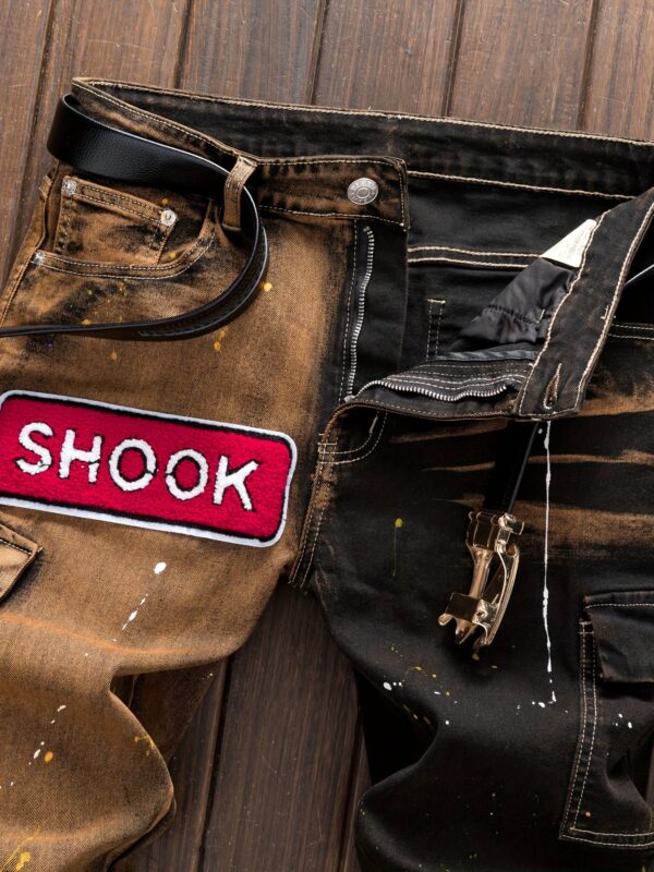 Hip-Hop Punk Style Trendy Paint-Splatter Embroidery Slim Fit Straight-Leg Jeans for Men