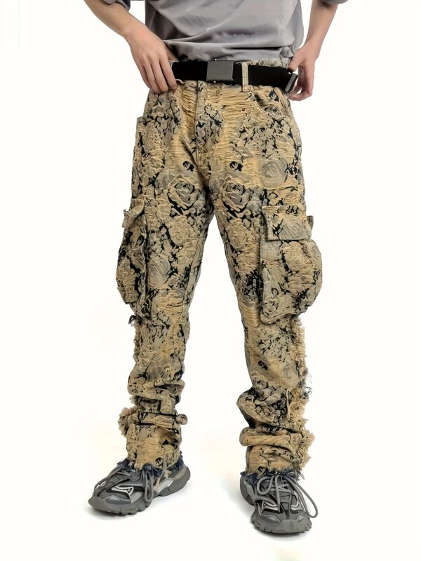 YASUYUAN Men's Vintage Distressed Jeans - Non-Stretchy Denim Pants with Beige/Black/Blue/Gray/White/, Machine Washable Casual Pants for Everyday & Formal Outfits - Adult Men's Jeans, Autumn Fashion, Ethnic Pattern, Sturdy Construction, Streetwear Lovers