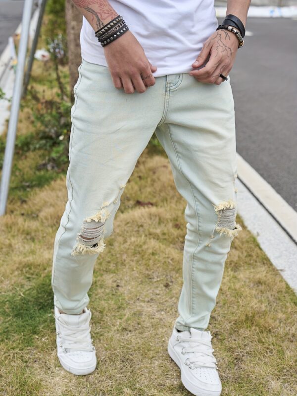 product-fancy-5a51580a-cc21-4c4e-a185-94ed85a62412 Men's Vintage Distressed Skinny Jeans - Light Blue Washed Stretch Denim with Frayed Hem & Ripped Knee, Slim-Fit Stretchable Classic Five-Pocket Pants for Casual & Semi-Formal Outfits (Machine Washable)
