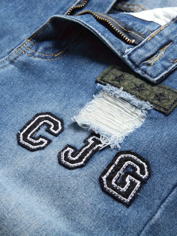 Oushen New Men's Embroidered Doll Jeans with Ripped Holes, Youth Trendy Slim Fit Long Pants