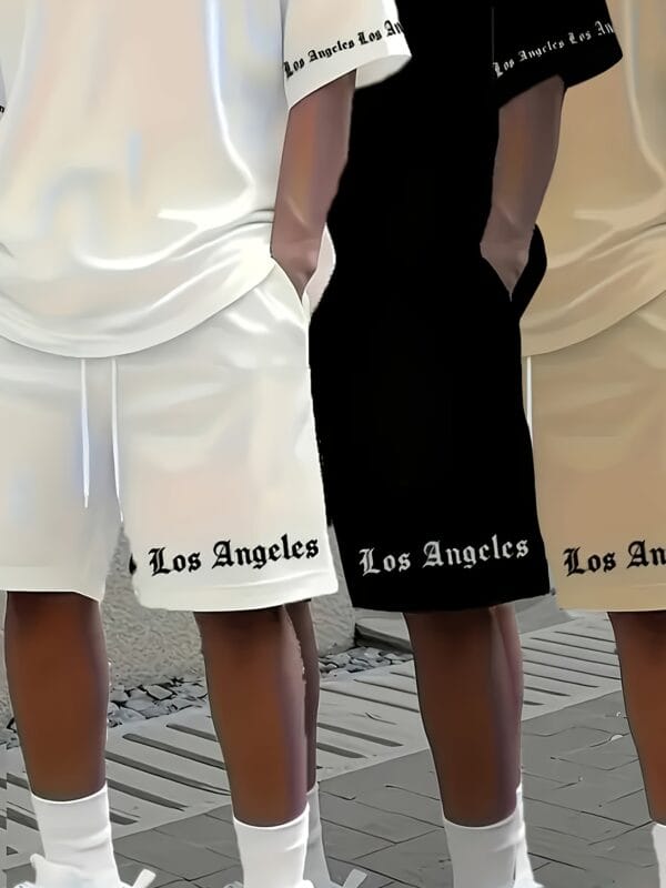 3pcs Los Angeles Letter Print Men's Short Sleeve + Casual Sport Set, Breathable and Soft Summer Outfit with Drawstring Shorts and Pockets