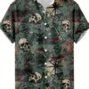 Men's Casual Short Sleeve Shirt with 3D Skull & Crossed Swords Print - 95% Polyester 5% Spandex Blend, Lightweight 100gsm Summer Streetwear, Hip-Hop Rock Graphic Tee, Regular Fit Button-Up
