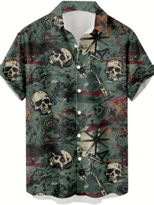 product-fancy-5e621539-8bc6-4581-8dfa-9afa64777cf0 Men's Casual Short Sleeve Shirt with 3D Skull & Crossed Swords Print - 95% Polyester 5% Spandex Blend, Lightweight 100gsm Summer Streetwear, Hip-Hop Rock Graphic Tee, Regular Fit Button-Up