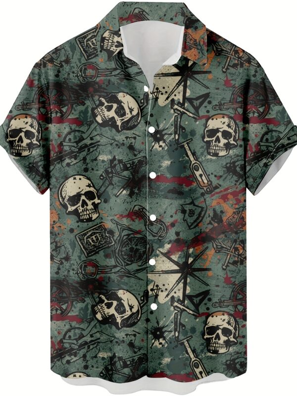 Men's Casual Short Sleeve Shirt with 3D Skull & Crossed Swords Print - 95% Polyester 5% Spandex Blend, Lightweight 100gsm Summer Streetwear, Hip-Hop Rock Graphic Tee, Regular Fit Button-Up
