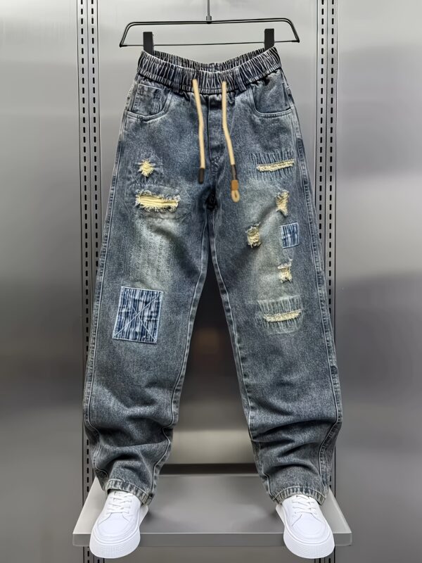 Men'S Casual Loose Fit Jeans - Distressed Denim with Drawstring Waist, Multiple Pockets, All-Season Comfort, Casual Attire|Distressed Jeans|Comfortable Jeans