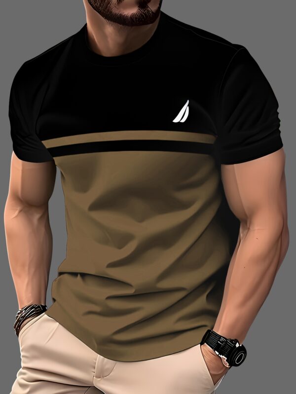 product-fancy-62528998-d438-4439-b65e-c6a324702db1 5pcs Men'S Color Block T-Shirts - 3D Digital Print, Short Sleeve, Regular Fit, Breathable Polyester Blend, Summer Casual Wear, Black with Red/Blue/Green/Beige/Gray Contrast Stripes, Sports T Shirts