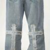 Men'S Distressed Denim Jeans with Cross Embroidery - Loose Fit Straight-Leg Casual Pants, Light Gray Washed Style, Non-Stretch Fabric, All-Season Comfort, Everyday Comfort Jeans | Embroidered Cross Design | Nonstretch Fabric
