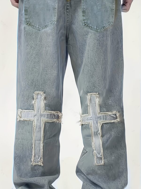 Men'S Distressed Denim Jeans with Cross Embroidery - Loose Fit Straight-Leg Casual Pants, Light Gray Washed Style, Non-Stretch Fabric, All-Season Comfort, Everyday Comfort Jeans | Embroidered Cross Design | Nonstretch Fabric