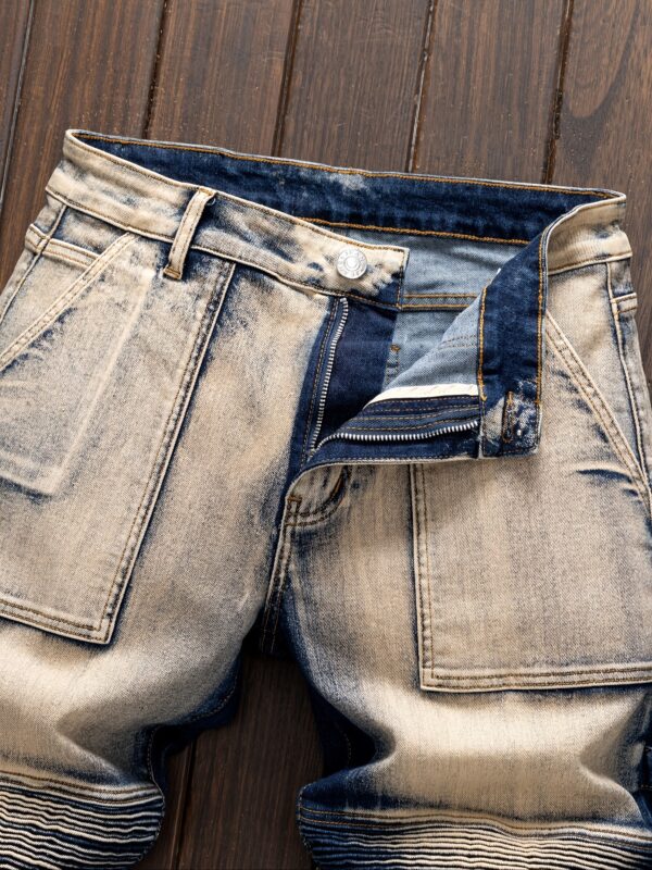 Men's Slim-Fit Vintage Motorcycle Jeans - Straight-Leg Heavy-Duty Blue/Beige Tie-Dye Pants, All-Season Machine Washable Streetwear for Casual & Formal Outfits, Everyday Fashion, Distressed Denim Design, Reinforced Stitching