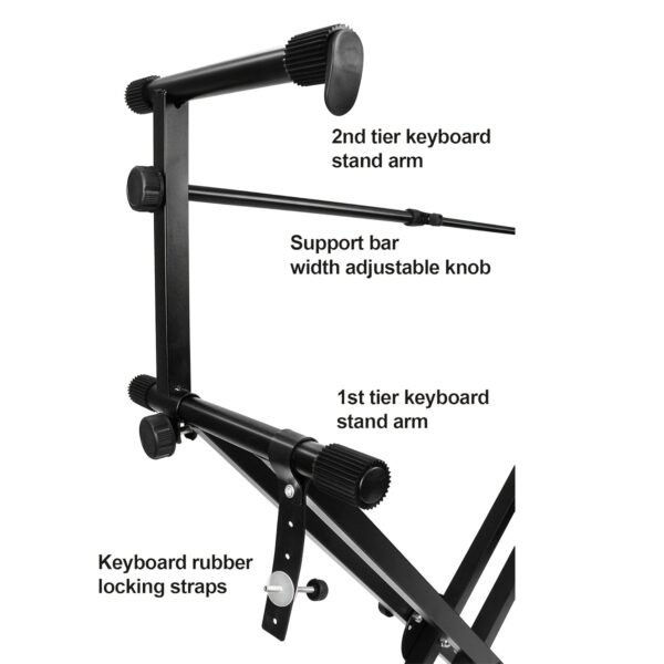 Pro Series Heavy-Duty Portable 2-Tier Keyboard Stand with Locking System & Sturdy A-Frame Design - Heavy-Duty Construction, Adjustable Height, Space-Saving Sturdy Legs for Piano/Keyboards - Ideal for Studios, Performances, Practice - Compatible with Grand/Piano/Stage Pianos (Locking Straps Included) - Sleek Black Color, Sturdy Frame & Legs, Secure Locking Mechanism for Stability & Safety, Keyboard Piano Hanger, Piano Portable Lightweight Stand, Double Layer Keyboard Stand,