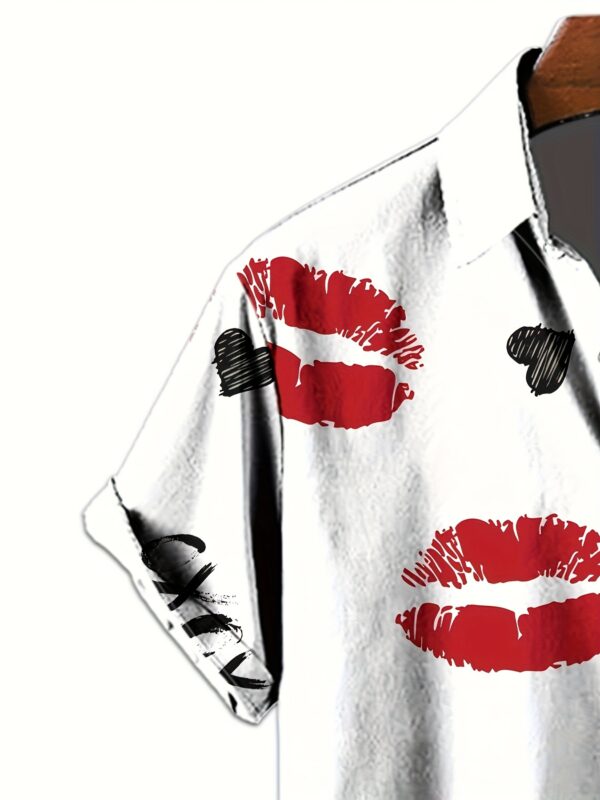 Men's Letters & Lips Print Short Sleeve Lapel Shirt For Summer, Casual Comfy Shirts As Gift