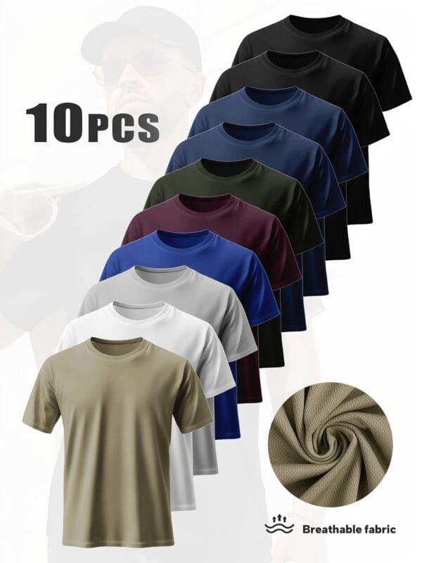 10-Pack Men's Basic Mesh Fitness T-Shirts-Quick-Dry Sports Short Sleeve Tops, ideal for daily casual wear and workout sessions. Features breathable moisture-wicking fabric for ultimate comfort. Makes an excellent gift choice.