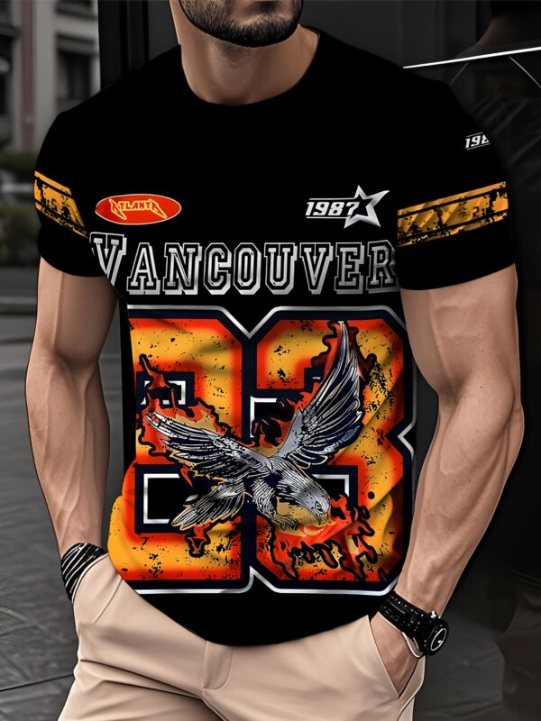 Men's Vancouver 1987 Graphic T-Shirt - Vintage Streetwear Short Sleeve Tee with 3D Eagle & Letter Print, Quick-Dry Summer Shirt for Gym Running Casual Wear, Ideal Birthday Gift for Him