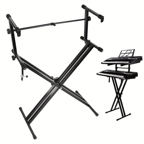 Pro Series Heavy-Duty Portable 2-Tier Keyboard Stand with Locking System & Sturdy A-Frame Design - Heavy-Duty Construction, Adjustable Height, Space-Saving Sturdy Legs for Piano/Keyboards - Ideal for Studios, Performances, Practice - Compatible with Grand/Piano/Stage Pianos (Locking Straps Included) - Sleek Black Color, Sturdy Frame & Legs, Secure Locking Mechanism for Stability & Safety, Keyboard Piano Hanger, Piano Portable Lightweight Stand, Double Layer Keyboard Stand,