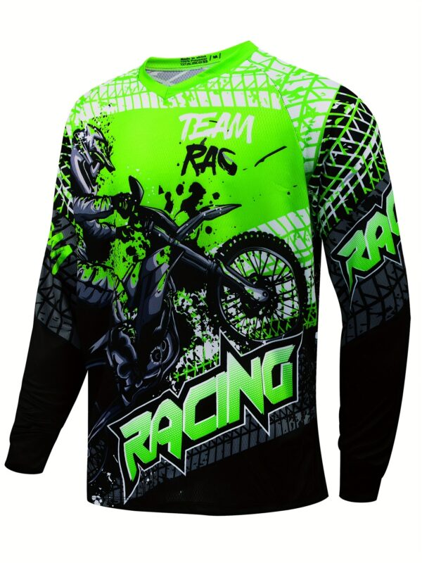 product-fancy-71574246-286b-4db6-8a9e-5f6e76b2747e Men's Long Sleeve MTB Racing Downhill Bike Jersey - Full Coverage Motocross Shirt with Neon Green Motorcycle Graphic, Sweat-Wicking Breathable Polyester Racing Suit for Mountain Bike, Dirt Track, Motorcycle - All-Season Off-Road Cycling Apparel, Motocross Jersey, Outdoor Sports Apparel, Sporty Vneck Design, Raglan Sleeves Top, Highquality Print, Durable Sportswear