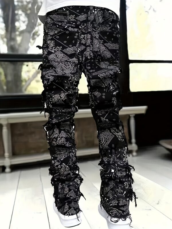 Men's High-Waisted Jeans - Non-Stretch Straight-Leg Pants with Elastic Waistband, Black Urban Streetwear for Casual & Formal Outfits - All-Season Hip-Hop Jeans, Versatile Wardrobe Staple, Creative Frayed Details, Premium Construction, Loosefit Trousers, Street Style Enthusiasts