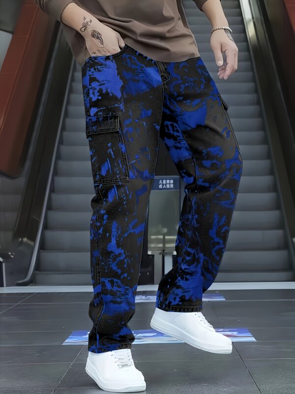 Men's All-Season Stretch Jeans - Industrial Workwear Pants with Multiple Utility Pockets, Stretch Denim for Everyday & Formal Outfits - Machine Washable Regular Fit (Black with Blue accents) - Urban Streetwear Essentials