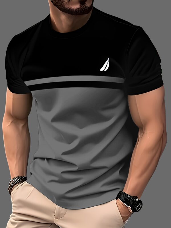 product-fancy-734d7d54-8f4d-4626-939b-ddf6303b9d43 5pcs Men'S Color Block T-Shirts - 3D Digital Print, Short Sleeve, Regular Fit, Breathable Polyester Blend, Summer Casual Wear, Black with Red/Blue/Green/Beige/Gray Contrast Stripes, Sports T Shirts