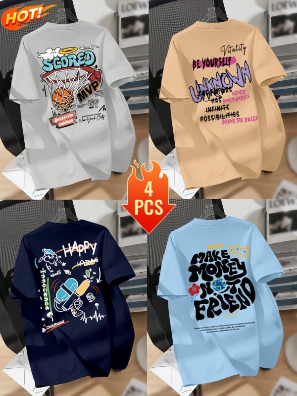 4pcs Men's Trendy Graphic Tees - Casual Crew Neck Short Sleeve T-Shirts with Basketball, Astronaut & More Designs - Soft Polyester Blend, Machine Washable - Versatile for All Seasons, Seasonal Fashion|Trendy Casualwear|Stretch Fabric