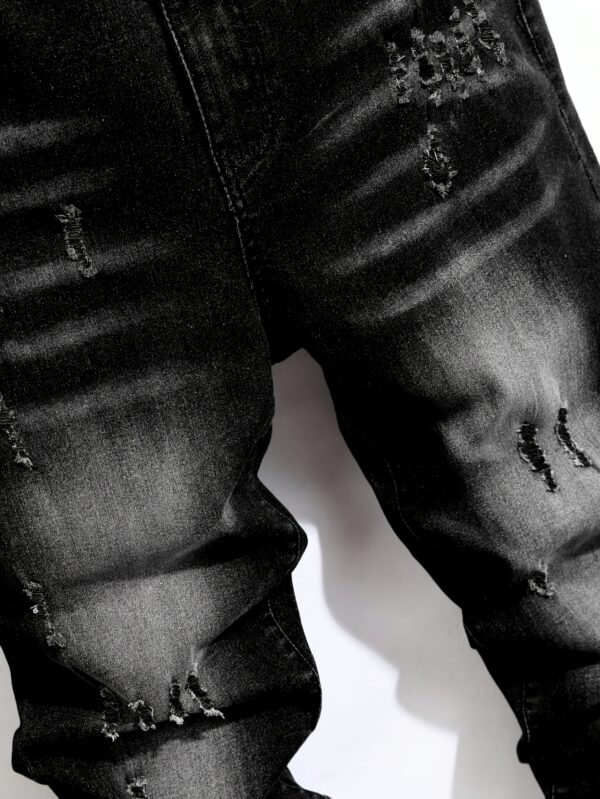 Men's Slim-Fit Stretch Distressed Jeans - Light Wash Blue & Black Ripped Denim with Frayed Hem, Mid-Stretch Comfort, Machine Washable Casual to Semi-Formal Pants for Spring/Fall (Versatile Casual Attire)