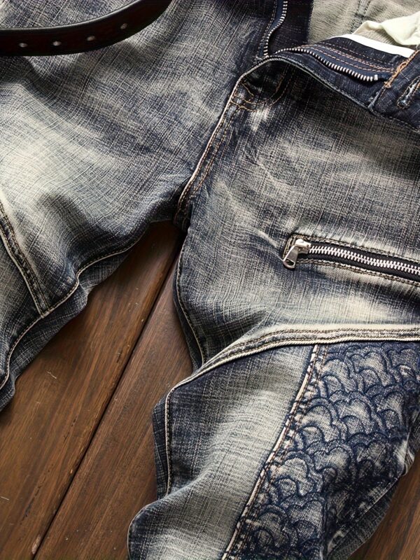 product-fancy-79467aa4-6292-4552-85ca-f2051b117221 Middle Eastern Autumn European & American Trendy Denim Jeans for Men - Embroidered Slim Fit Skinny Pants, Retro Vintage Youth Patchwork Casual Long Trousers with Zipper