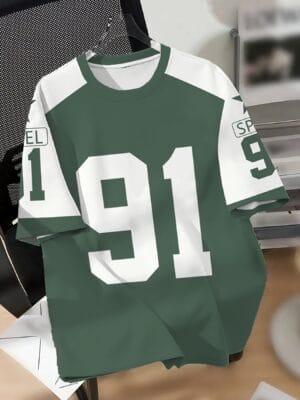 product-fancy-7c292b4e-23d9-4dec-b064-3e378e23d610 Men's Vintage '91' Number Graphic T-Shirt - Dark green & white colorblock, Breathable Summer Tee for Sports Events & Casual Outfits - Machine Washable Retro Jersey Style Top, Vintage Tshirt, Everyday Fashion, Bold Print Design, Comfortable Fit, Short Sleeve Top