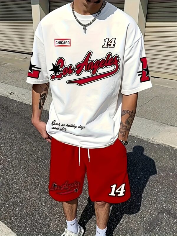 product-fancy-816ba5db-f810-48aa-aa00-d0e799c3e282 Men'S Summer Casual Short Sleeve T-Shirt and Shorts Set 2pcs, Fresh T-Shirt and Shorts Set, Slightly Elastic Polyester Knit Fabric, Regular Style, Shorts, Suitable for Summer Outdoor Activities and Family Gatherings