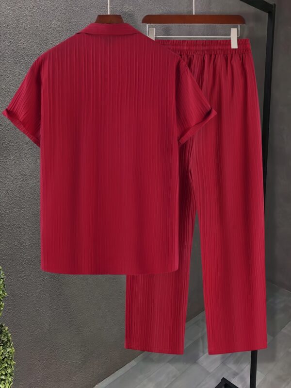 product-fancy-819282be-f86f-4ecc-985f-450f58dd9942 Men's Striped Casual Short-Sleeve Shirt + Drawstring Elastic Waist Pants Two-Piece Set for Holiday Outings