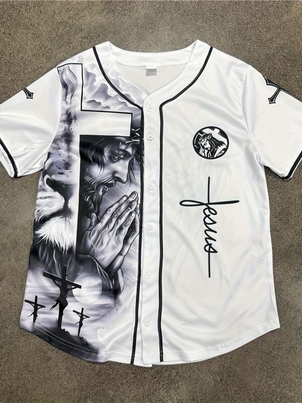 2025 Summer New Classic Prayer Jesus Tech Print Men'S Short Sleeve Baseball Jersey - Stylish Back Wing Design, Polyester Knit Fabric, Button-Up with Black Trim, Perfect for Sports & Casual Wear, Casual Sportswear | Prayer Design | Knit Construction, Baseball Jersey