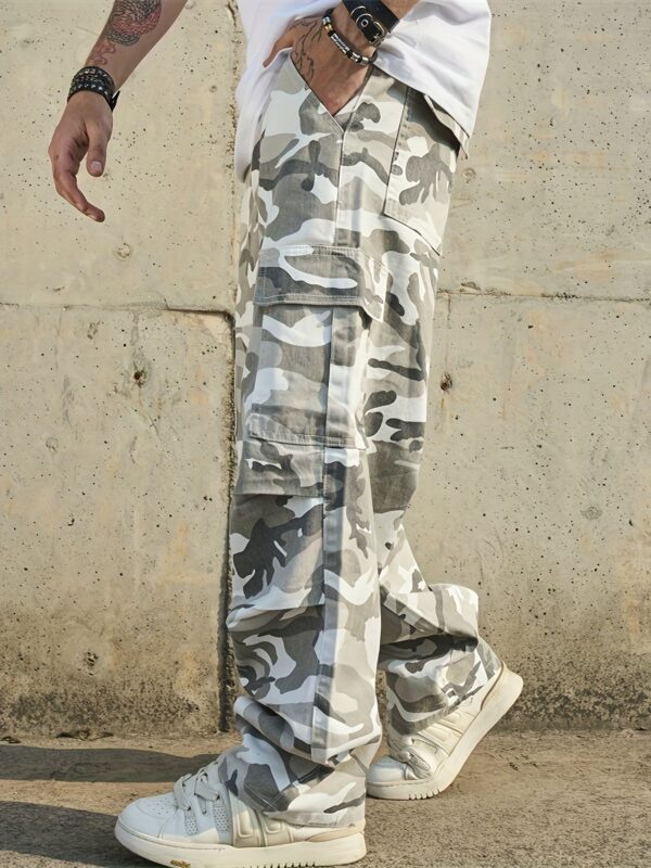 Men'S Washed Camo High-Street Style Cargo Straight-Leg Jeans - Loose Fit, Non-Stretch Denim, Casual All-Season Wear with Raw Wash Detail, Comfortable Denim Jeans | Streetwear Fashion | Versatile Clothing, High Street Jeans