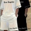 3pcs Los Angeles Letter Print Men's Short Sleeve + Casual Sport Set, Breathable and Soft Summer Outfit with Drawstring Shorts and Pockets