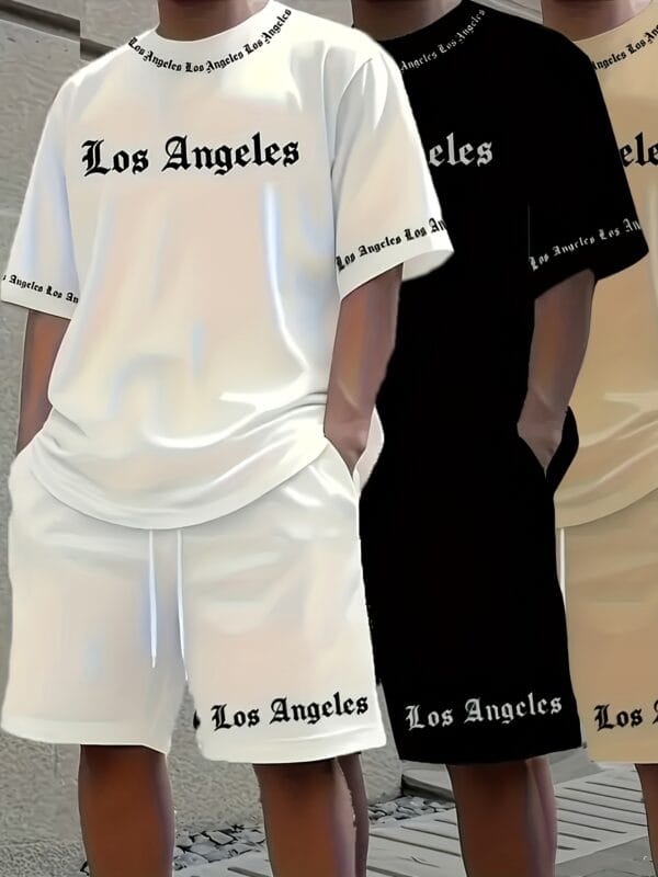 3pcs Los Angeles Letter Print Men's Short Sleeve + Casual Sport Set, Breathable and Soft Summer Outfit with Drawstring Shorts and Pockets