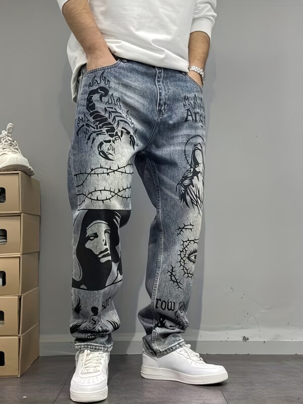 product-fancy-860c1f8a-58f6-4caa-8ddb-e77e8462af4b Retro Blue American Streetwear Graffiti Print Loose Straight-Leg Jeans