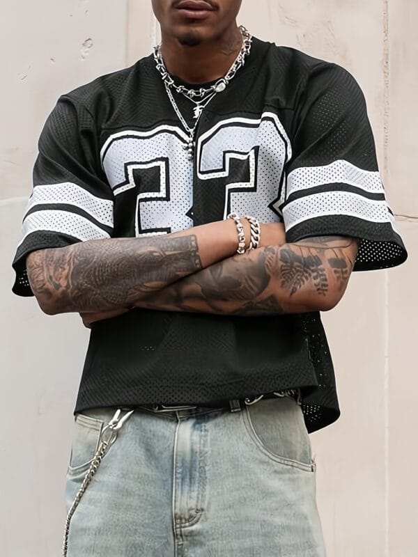 Men's Summer Baseball Jersey T-Shirt - Loose Fit, Casual Sporty Mesh Print Top with "83.82cm Design, Black & White Striped Sleeves, Lightweight Polyester for Outdoor Activities