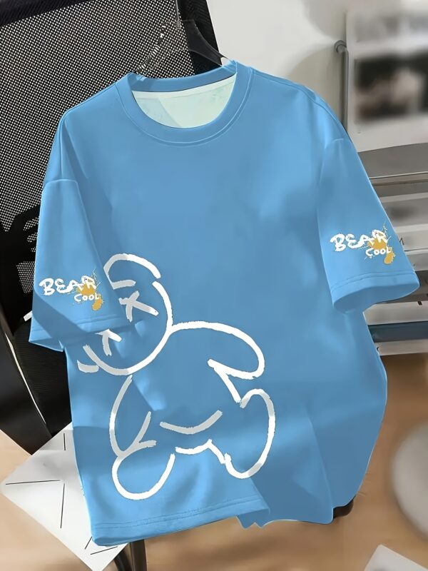 1pc Men'S Casual Summer T-Shirt with Cartoon Bear & "BEAR COOL" Print - Light Blue, Slight Stretch, Regular Fit, Round Neck, Short Sleeve, Perfect for Casual Attire & Weekend Outings, Ideal Gift for Friends, Casual Wear Tee | Playful Graphic Tee | Stretchy Fabric