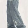 Men's Loose Straight-Leg Jeans with Cross Design - Distressed Denim Casual Pants, Machine Washable All-Season Comfort Fit