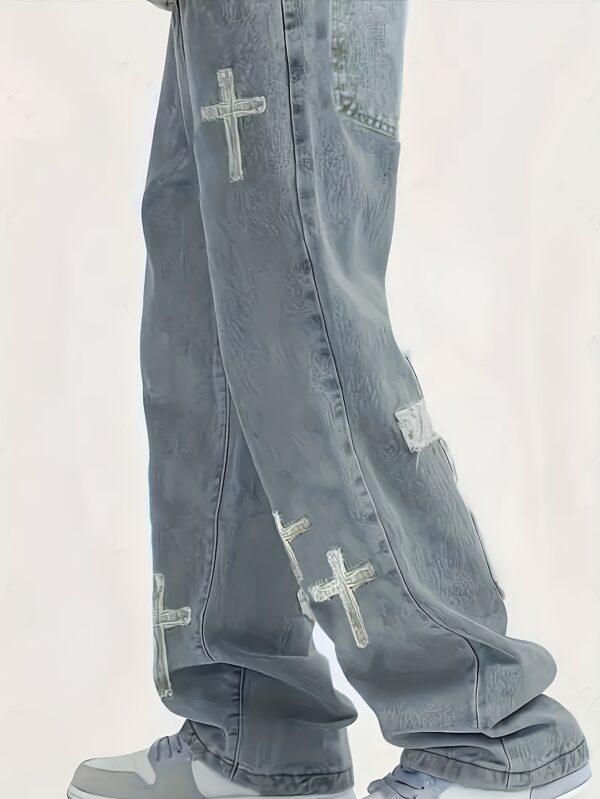 Men's Loose Straight-Leg Jeans with Cross Design - Distressed Denim Casual Pants, Machine Washable All-Season Comfort Fit