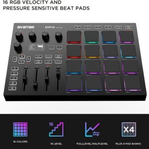 UTIMO MIDI Pad Controller Beat Maker Machine 16 RGB Velocity Sensitive Beat Pads, 16 Level, Full/Half Level, OLED Display, MIDI In/Out, USB Powered, Plastic, for Studio Recordin