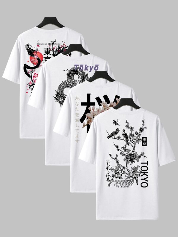 Men'S Casual Crew Neck T-Shirt Set with Japanese-Inspired Dragon & Cherry Blossom Designs - Black, White, and Gray, All-Season Comfort, Everyday Tee | Graphic Tee Set | Glossy Finish, PLUS SIZE