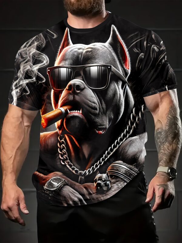 Men's 3D Printed Graphic T-Shirt with Distressed Dog & Chains Design - Breathable Summer Short Sleeve Tee, Micro Elastic Round Neck, Machine Washable for Outdoor Sports & Casual Wear - Ideal Gift for Men, Leisure Apparel