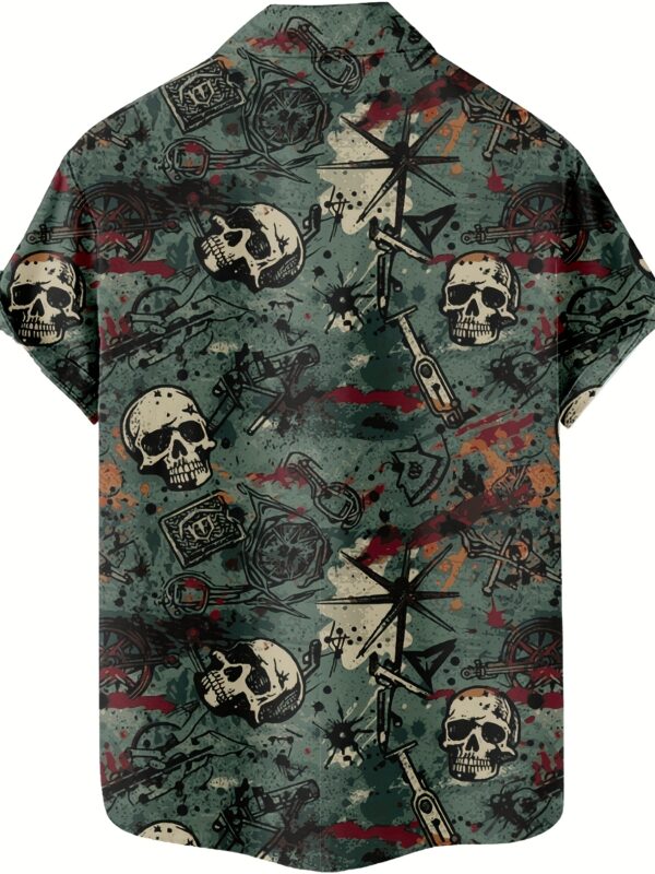 Men's Casual Short Sleeve Shirt with 3D Skull & Crossed Swords Print - 95% Polyester 5% Spandex Blend, Lightweight 100gsm Summer Streetwear, Hip-Hop Rock Graphic Tee, Regular Fit Button-Up
