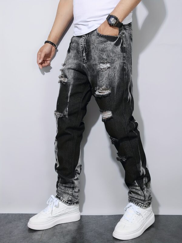product-fancy-9d17224d-cc01-4cbf-9c52-ab63e0228cf6 Men'S Black Distressed Faux Denim in European And American Style with Full Rips for Instagram.