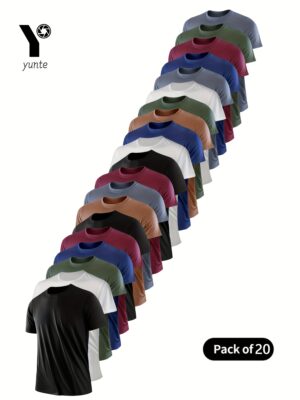 20pcs Men's Quick-Dry Athletic T-Shirts - Breathable, Moisture-Wicking Short Sleeve Shirts for Gym, Running & Training, Lightweight & Comfortable, Assorted Colors (Black, White, Army Green, Navy Blue, Maroon, Brown, Gray, Red), Running Gear | Round Neckline Tee | Breathable Fabric