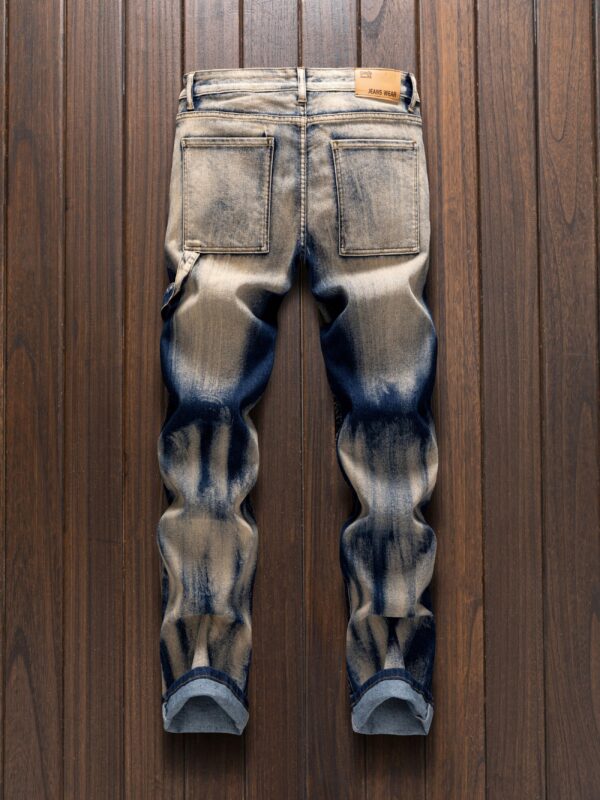 Men's Slim-Fit Vintage Motorcycle Jeans - Straight-Leg Heavy-Duty Blue/Beige Tie-Dye Pants, All-Season Machine Washable Streetwear for Casual & Formal Outfits, Everyday Fashion, Distressed Denim Design, Reinforced Stitching