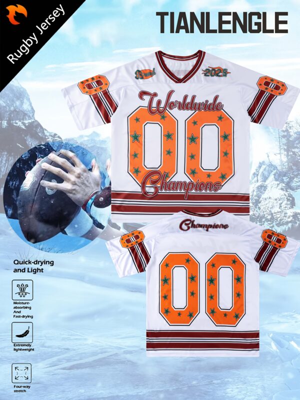 Men'S and Women'S "Worldwide Champions" Rugby Jersey - White with Orange & Black Accents, Quick-Dry, Lightweight, Casual Sport Top, V-Neck, Short Sleeve, Loose Fit, Casual Sportswear | Champion Jersey | Comfortable Fit