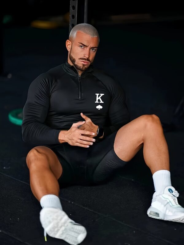 product-fancy-a0b05e92-99b0-45a6-9704-cf6d57942e19 Men's White Sporty Long Sleeve Zip-Up Shirt - Stand Collar Tight-Fit Stretch Fabric with Black Spade & Letter K Graphic for Gym, Casual & Athletic Wear, Gym Shirts