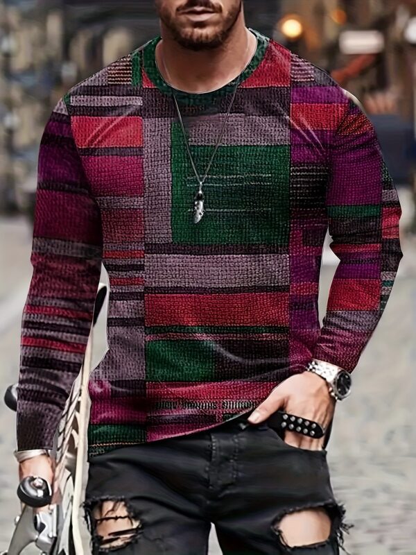 Men's Colorful And Irregular Plaid Pattern Crew Neck And Long Sleeve T-shirt, Tops For Spring And Autumn Outdoors And Sports Wear