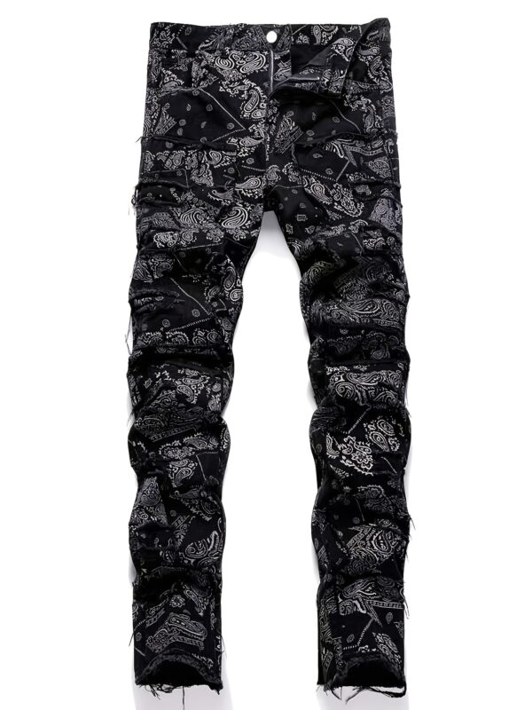 Men's High-Waisted Jeans - Non-Stretch Straight-Leg Pants with Elastic Waistband, Black Urban Streetwear for Casual & Formal Outfits - All-Season Hip-Hop Jeans, Versatile Wardrobe Staple, Creative Frayed Details, Premium Construction, Loosefit Trousers, Street Style Enthusiasts