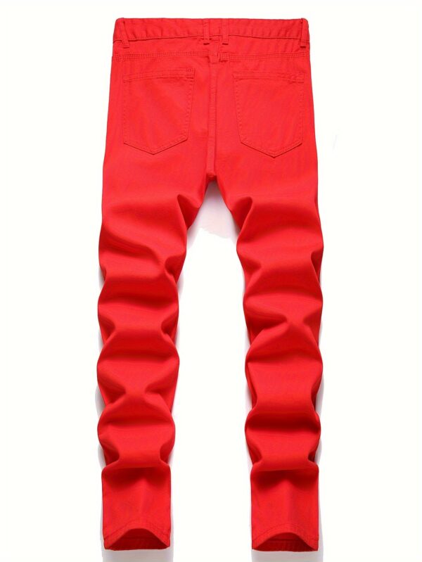 Men's Red Distressed Washed Regular Fit Jeans - Comfortable Streetwear with Functional Pockets, Machine Washable All-Season Casual Pants